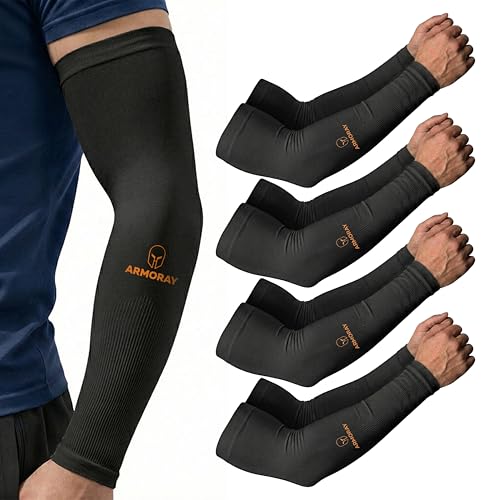Image of ARMORAY Arm Sleeves for Men & Women - 4 Pair UV Sun Protection Cooling Compression - Tattoo Cover Up Sleeve for Daily Wear & Work (Black)