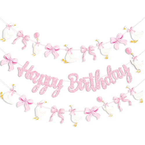 Pink Silly Goose Happy Birthday Party Banner - Glitter Pink Birthday Decorations for Girls - Whimsical Goose & Bows Garland Set for One Silly Goose 1st Birthday, Baby Shower, Nursery Decor (3 PCS)