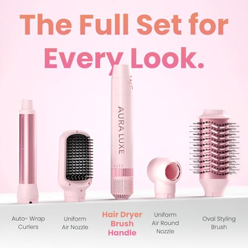 5-in-1 Blow Dryer Brush Set Pink, Ionic Hot Air Brush with Ceramic Tourmaline Metal Curling Barrels, Volumizer Straightener Hair Dryer for All Hair Types Travel Friendly — Aura Luxe - Image 2