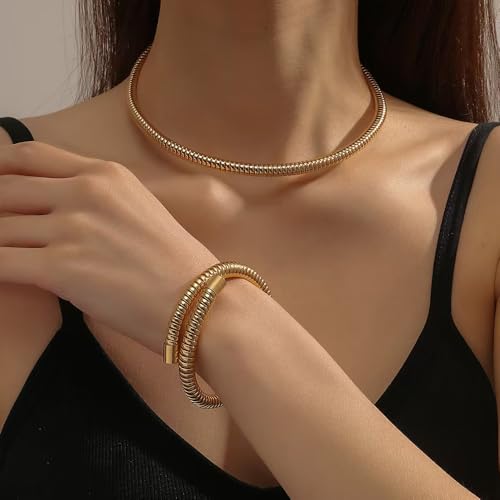 Chunky Gold Open Choker Collar Necklace for Women Stainless Steel Snake Chain Exaggerated Necklace4