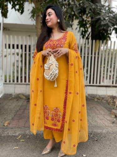 Image of GoSriKi Kurta Sets for Women Viscose Embroidered | Kurta Pant Dupatta Set | Straight Kurti Set for Women | Round Neck 3 /4 Sleeve Ethnic Suit | Designer Indian Kurti Outfit with Pants
