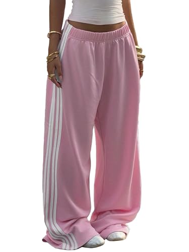 Ulovmi Womens Wide Leg Track Pants Side Striped Baggy Sweatpants with Pockets Pink White XXL