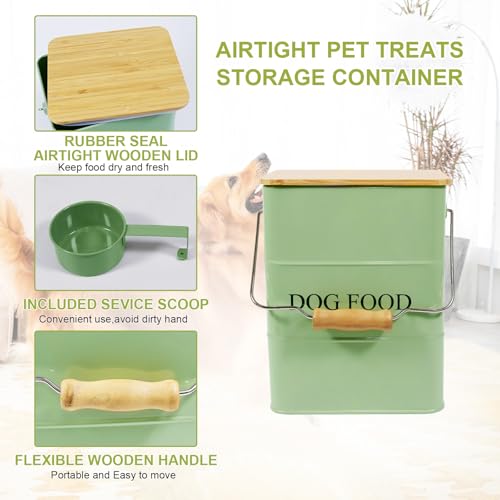 ZoeQide Hundefutter Aufbewahrungsbox Metall 6L – Futterbehälter Hund mit Holzdeckel, Griff & Schaufel – Luftdichte Vorratsdose für Trockenfutter & Snacks – Leckerli Box Armeegrün