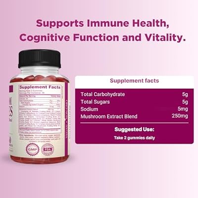 Mushroom Gummies Supplement 10-in-1 Mushroom Extract Blend with Lions Mane, Shiitake, Maitake & Morel Brain, Focus & Immune Support Raspberry Flavor 60 Vegan Gummies
