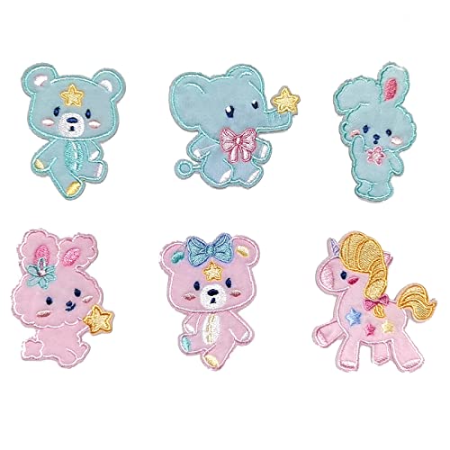 Cute Animal Iron On Applique 6 Pcs Unicorn Bear Bunny Elephant Blue Pink Embroidered Patches Diy Accessories For Clothes Bags Jeans(Plush Styles) #TOP3