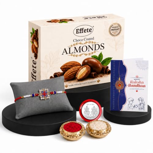 Image of DeoDap Rakhi with Chocolate for Brother - Multi Color Square Shape Rakhi with Almond Chocolate 32gms, Silver Color Coin, Greeting Card & Tilak Set - Traditional Raksha Bandhan Pack