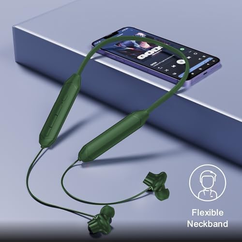 Image of Kratos Green Bluetooth Neckband with 55H Playtime, Deep Bass, Stereo Sound, HD Calls, Magnetic Earbuds, Voice Assistant, Type-C Fast Charging, Rich Audio, Hollow Switch for Comfort & Style