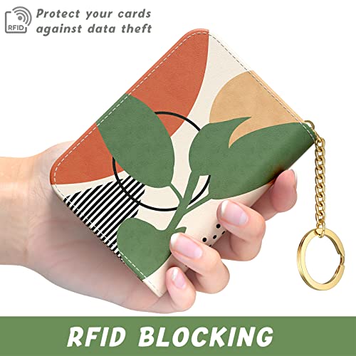 Image of Aiawoxc Credit Card Holder, Small RFID Wallet Slim Leather Card Organizer Case with Zipper and Keychain, Modern Abstract Art