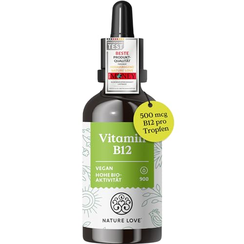 NATURE LOVE® Vitamin B12 Tropfen Vegan (900 Tropfen, 50ml flüssig). B12 duo-aktiv: Methyl- & Adenosylcobalamin. Hoch bioverfügbar, laborgeprüft, ohne Zusätze, in Deutschland produziert