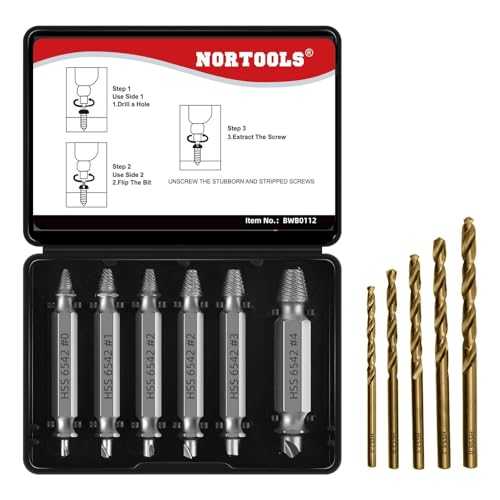 NORTOOLS Juego de extractores de tornillos dañados, modelo mejorado HSS 6542, 11 tornillos pelados, tuercas y pernos con 5 brocas helicoidales para quitar accesorios oxidados y dañados, herramientas