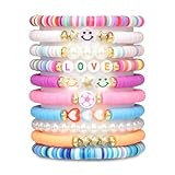 Qubitly 10 Pcs Friendship Bracelets Set, Beaded Bracelets with Smile Face, Heart, Stars, Letter Beads, Stretch String BFF Friendship Gifts for Girls and Kids, Girls Party Bag Fillers