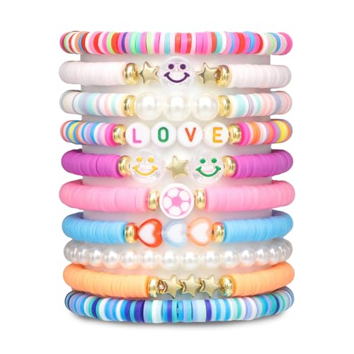 Qubitly 10 Pcs Friendship Bracelets Set Beaded Bracelets with Smile Face Heart Stars Letter Beads Stretch String BFF Friendship Gifts for Girls and Kids Girls Party Bag Fillers