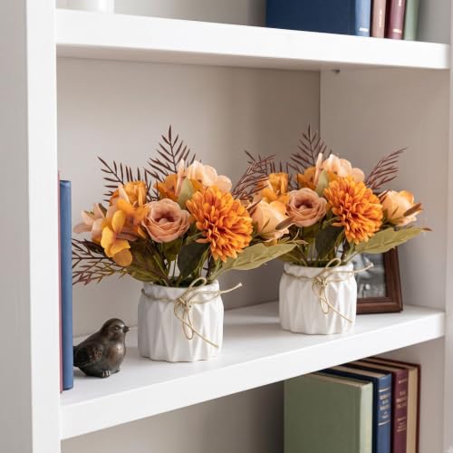 Image of Dekorly Artificial Lavender Plant in White Pot, 18cm - Realistic Faux Flower Arrangement for Home & Office Decor (Set of 1) (2, Orange Chryshydra Flower)
