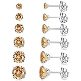 Juego de 6 pares de pendientes de tuerca de acero inoxidable 316L con circonita cúbica redonda. Pendientes de 3 a 8 mm.