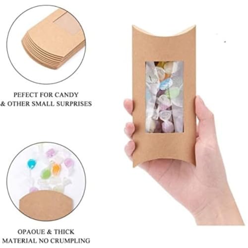 Image of SATYAM KRAFT 10 Pcs Brown Small Paper Pillow Gift Boxes with Transparent Window | Folding Boxes for Wedding, Engagement, Shaadi Return Gifts, Festive Hampers, Chocolates, Dry Fruits & Mithai Packing (12.5 cm)