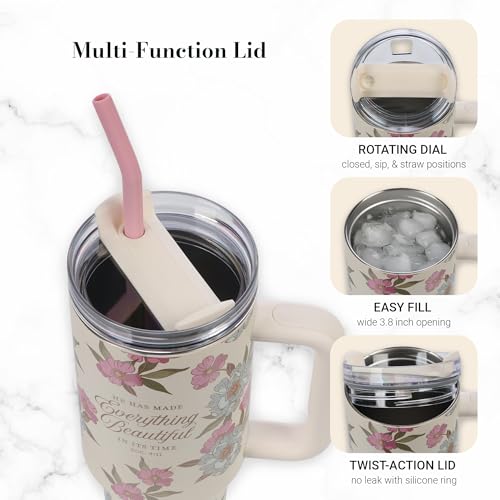 Image of Christian Art Gifts Extra Large Double-Wall Stainless Steel Insulated Women's Travel Mug Tumbler: Everything Beautiful Inspirational Scripture, Reusable Straw, Twist Dial Lid, White /Pink Floral, 40 oz