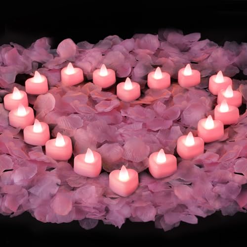 Amagic 2000 Pieces Pink Artificial Rose Petals with 24 Pink Heart LED Tea Lights, Rose Petals and Candles Set for Proposal, Anniversary, Romantic Night, Wedding Decor