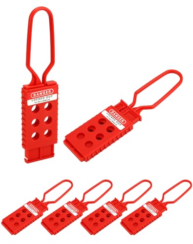 QWORK Lockout Tag Hasps, 6 Pcs Red Nylon Nylon Padlock Hasps with 6 Hole Interlock, Tag Locking Hasp,Tamper & Impact Resistant Safety Hasps, for Industrial Equipment Maintenance