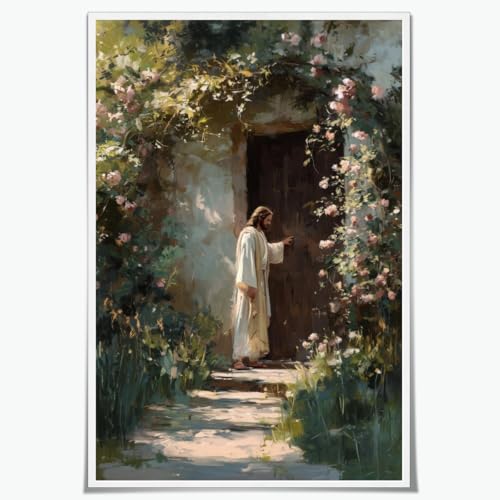 Jesus Knocking at Door-Religious Faith Based Biblical Artwork-Canvas Wall Art