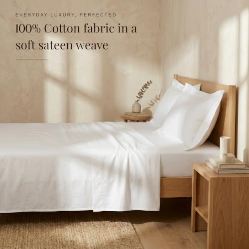 Image of Huesland Premium 100% Pure Cotton Luxe Soft Touch 300 Thread Count Bedsheet for Double Bed King Size with 2 Pillow Covers | White | 108 x 108 inches