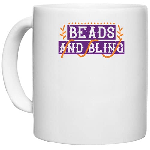 LAMX White Ceramic Coffee/Tea Mug 'Mardi Gras | Beads and Bling' Perfect for Gifting [330ml]