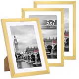 Fixwal 5x7 Picture Frame Set of 3 with Shatter Resistant Plastic Cover, Minimal Thin Border and Light Weight Photo Frames for Wall or Tabletop Display Home Décor, Gold