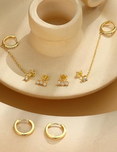 FIBO STEEL 14K Gold Plated Earrings for Women - Hypoallergenic Earrings Set for Multiple Piercing - Cartilage Dainty Small Huggie Hoop Stud Earring Stacks for Sensitive Ears 6