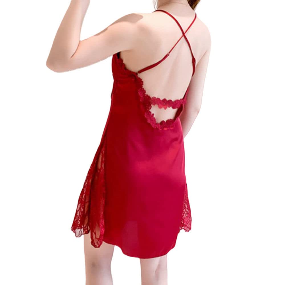 OZEO Camisones Mujer,Albornoz Sexy Satén Dos Piezas, Kimono Ligero, Roja Encaje Malla con Cuello En V, Conjunto Pijama Babydoll, Novia, Ropa Dormir, Bademantel Damen,M