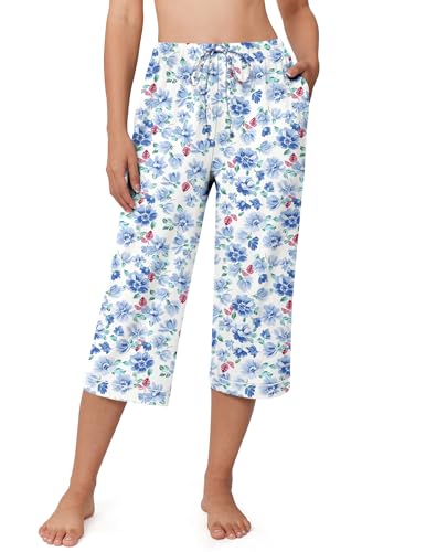 Image of Ekouaer Womens Pajamas Pants Capri Pj Bottoms with Pockets Sleep Pants | Comfy Drawstring Printed Soft Lounge Pants for Home, Daliy Wear