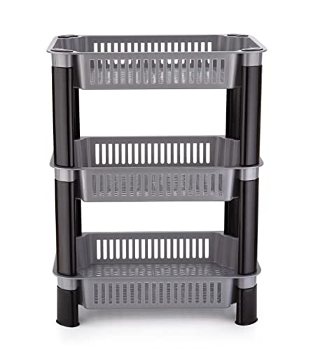 Image of AEXONIZ Plastic Rack for Kitchen Square Baskets for Kitchen Storage Rack Stand Multi-Layer Storage Organizer Trolley Onion Potato Rack for Kitchen,Vegetable Storage Rack(3 Layer, Grey)
