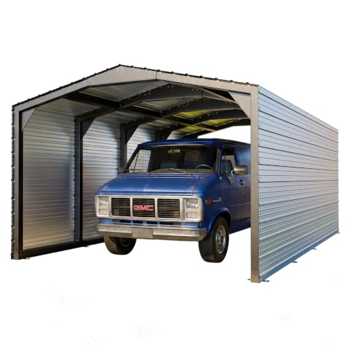 Image of Metal Carport 12x20 ft Heavy-Duty 2-Sided Enclosure | Military-Grade Reinforced Garage Kits with Steel Roof & Hurricane | 100lbs /Sq.Ft Snow /Camper /Truck /Tractor Shelter,Ash Gray