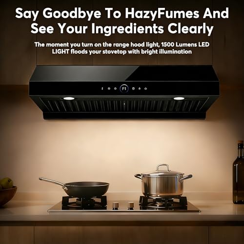 Image of 1200 CFM Black Range Hood 30 Inch, Under Cabinet Range Hood 30 Inch, 4-Speed Kitchen Hood with Gesture Sensing & Touch Control Kitchen Stove Vent Hoods, Supports Only Duct Installation