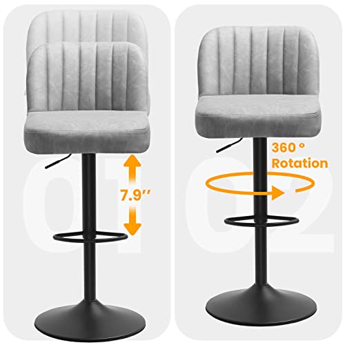 Dictac Grey Leather Bar Stools Set Of 2, Adjustable Bar Chairs Counter Height, Swivel Barstools For Kitchen, Capacity 400Lbs #TOP5