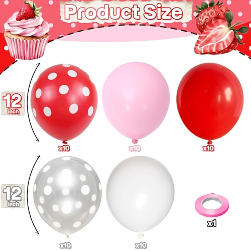 Image of Red Pink White Strawberry Balloons, 50Pcs 12inch Red Light Pink White Clear Polka Dot cherry Latex Balloons for Girl Women Birthday Baby Shower Berry First Galentines Wedding Party Decorations