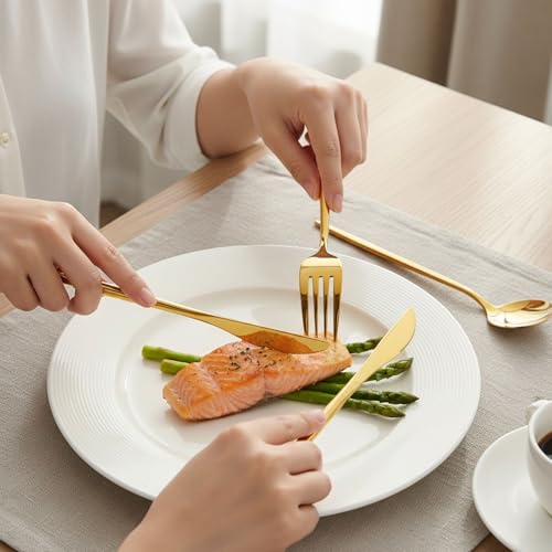 Image of 30 Pcs Gold Cutlery Set for Dining Table the Perfect Lightweight Silim Handle Tableware Including Dinner Spoon, Dinner Fork, Dinner Knife, Dessert Spoon & Dessert Fork