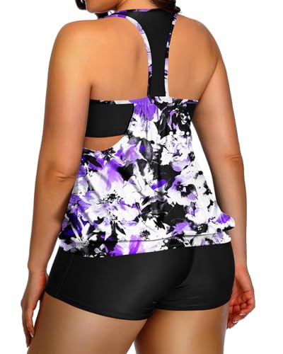 Image of Womens Plus Size Tankini Swimsuit Two Piece Tummy Control Bathing Suit | Blouson Racerback Tankini Top with Shorts, Double Up Design, Removable Pad