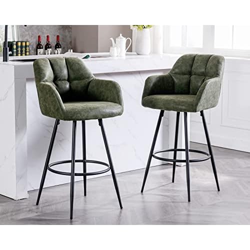 HNY Counter Height Green PU Leather Bar Stools Set of 2, Modern Barrel Counter Stools with Backs Upholstered Kitchen Bar Height Chairs with Metal Legs, 30'' High Tall Barstools for Kitchen C