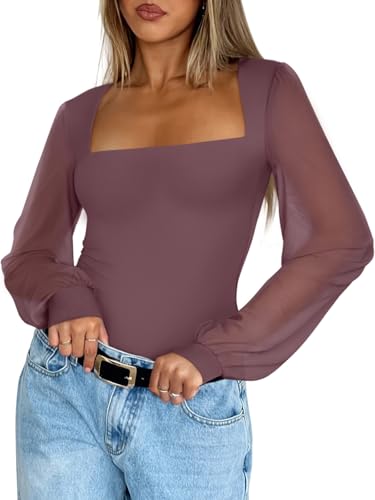 Image of PINKMSTYLE Women's Square Neck Double Lined Mesh Long Sleeve Bodysuits | Sheer Puff Sleeve Body Suit,Slim fit Trendy Going Out Tops,Concert Outfit
