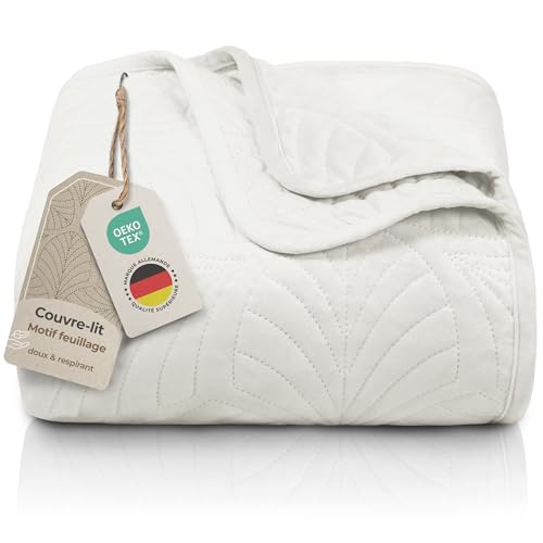 Gräfenstrayn Couvre lit 2 Personnes 220x240 cm – Dessus de lit matelassé Motif Feuilles – boutis déco en Polyester Doux pour lit Double, canapé ou Fauteuil –...