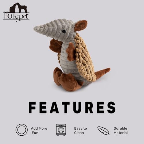 Image of Hollypet Plush Dog Squeaky Toy Stuffed Armadillo Animal Pet Puppy Chew Toys with Clean Teeth for Small Medium Large All Breed Sizes Dogs, Light Brown, 8 in