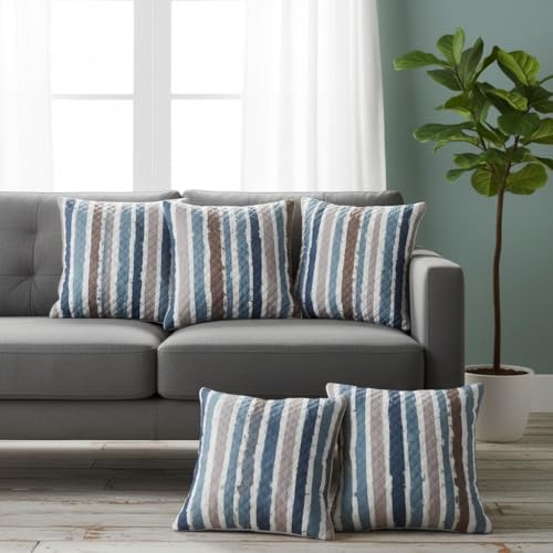 Image of STITCHNEST 'QuadraNest' Series Printed Quilted Velvet Cushion Cover 16x16 Inch Set of 5 | Premium Soft Fabric, Washable & Fade Resistant | Decorative Living Room Cushion Covers | Blue & Beige Striped