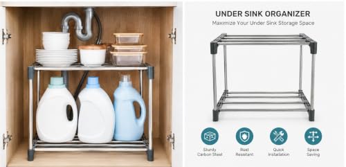 Image of HOOBRO Under Sink Organizers,Bathroom cabinet Cabinet Shelf Organizer 2 Tier Under Storage Rack with Removable Panels,Plastic Storage Organizer Adjustable Kitchen Rack Holder