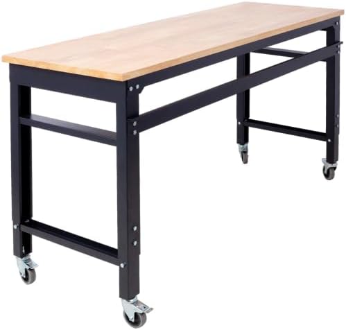 Workbench Rolling Workbenches for Garage - Adjustable Height, Workshop Tool Bench, Metal with Rubber Wood Top (L48in*W20in)