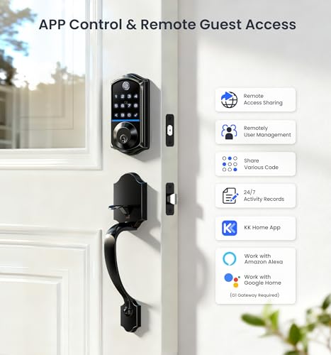 Veise VE017-H Fingerprint Smart Front Door Lock Set, App Control, Keyless Entry Deadbolt with Handle, Smart Deadbolt, Emergency Power Port, Touchscreen Keypad, Auto Lock, Easy Install, Matte Black - Thumbnail 2