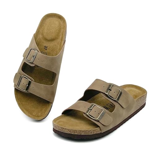 Women's Cork Footbed Sandals with Arch Support Comfortable Slip-On Slide Sandals for men Outdoor Sandals with Adjustable Buckle Summer Leather Flat Sh