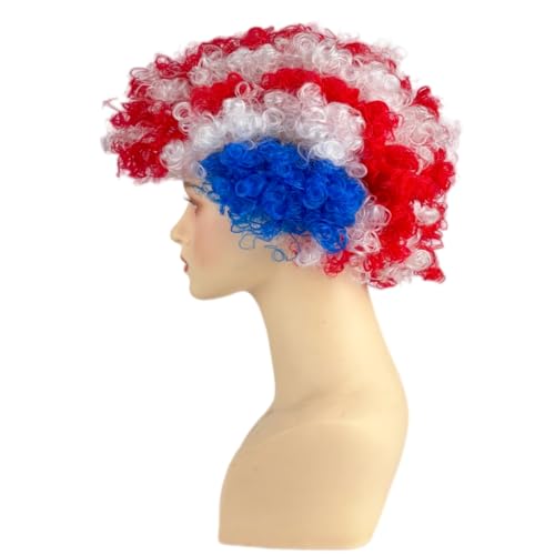 Image of FREE BEAUTY American Flag Colored Afro Wig for Men Women 2026 World Cup Fan Wig Soccer Fans Cheer Hair Blue White Red Afro Wigs for Football Fans for Stadium Party Cosplay (American)