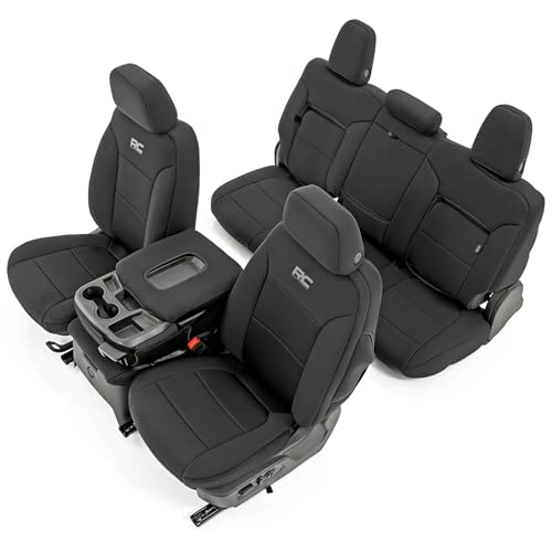 Rough Country Neoprene Seat Covers for Chevy Silverado & GMC Sierra 1500 (2019-2026) w/Rear Seat Storage & Cup Holder - Waterproof & UV Resistant, Foam Padded, Front & Rear Row Cover Set