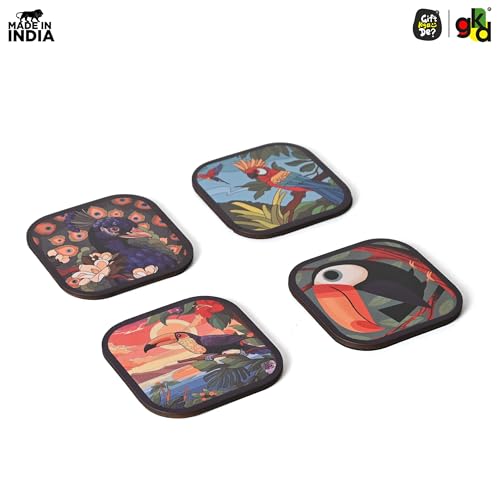 Image of Coaster Set of 4 MDF Wood with Marble Theme Design | Decorative Wooden Coasters for Tea Cups, Coffee Mugs & Glasses (3.5 x 3.5 inch) | Eco-Friendly (Glossy Bird, 3.5)