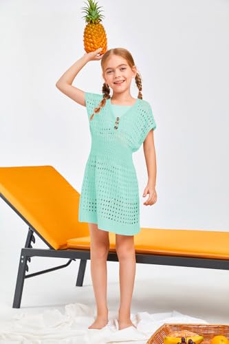 Image of Haloumoning Girls Crochet Swim Beach Cover Up Kids Fashion Button Short Sleeve Swimsuits Cover Ups 5-14 Years