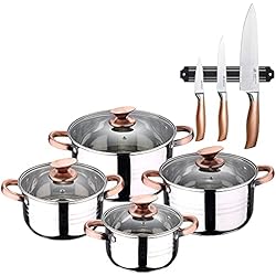 Cacerola Infinity Chefs San Ignacio Bateria de cocina 8 piezas apta para induccion Altea en acero inoxidable con set de 3 cuchillos en acero inoxidable con barra magnetica aptas para induccion, PK3238
